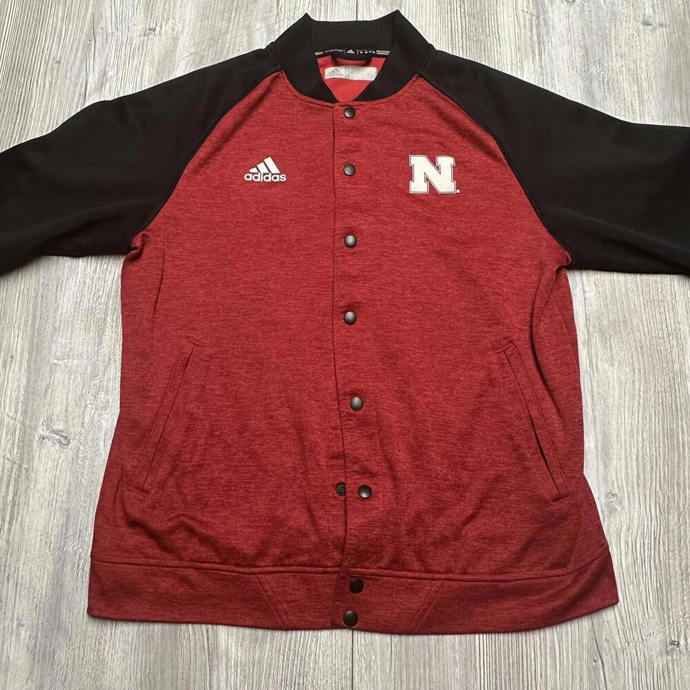 Nebraska Cornhuskers Jacket Mens Medium Red Black Snap Button Up Adidas - Picture 2 of 8